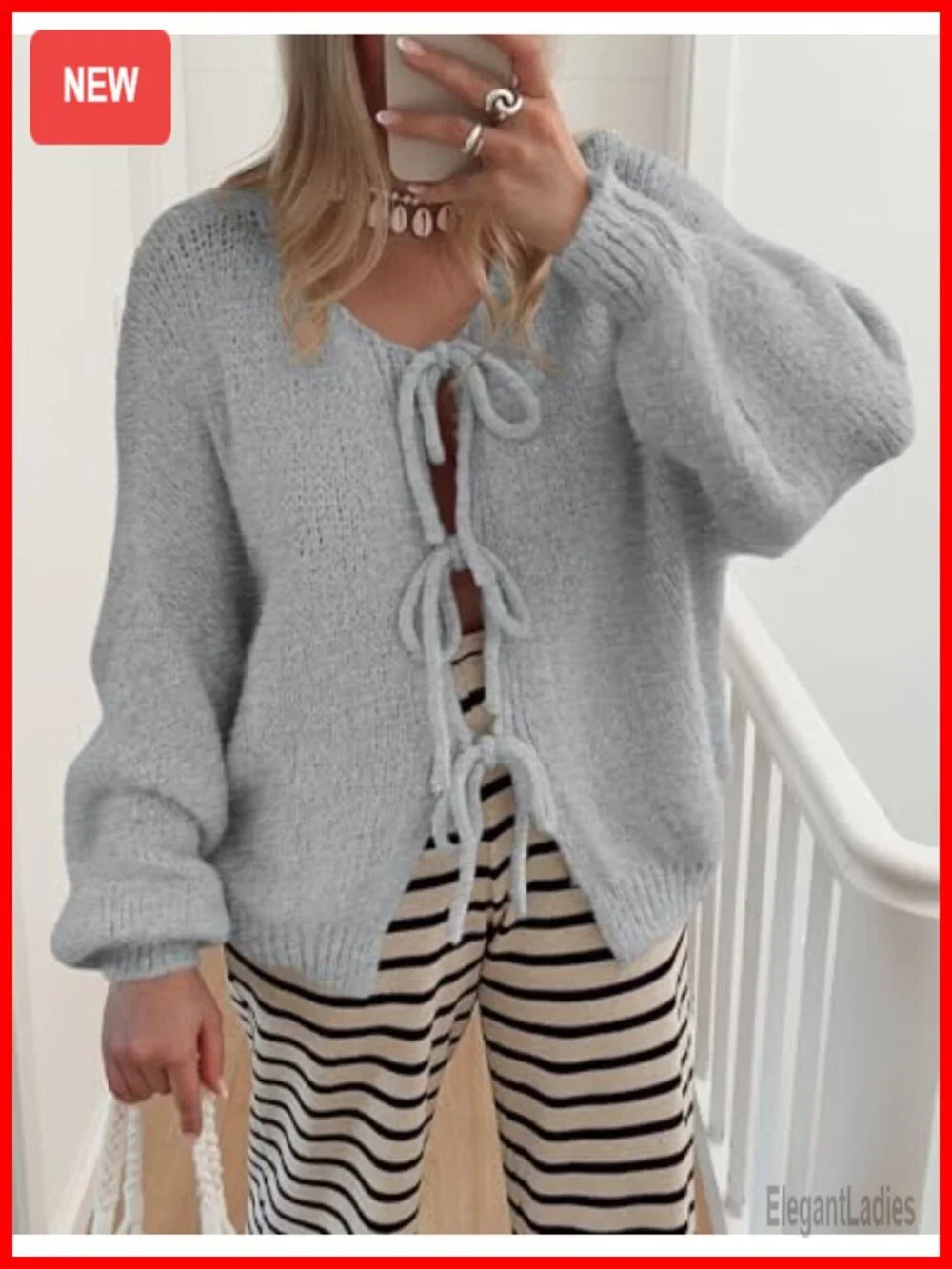 Chunky Knit Tie Front Bow Cardigan, Open Front Puff Sleeve, Cozy Long Sleeve